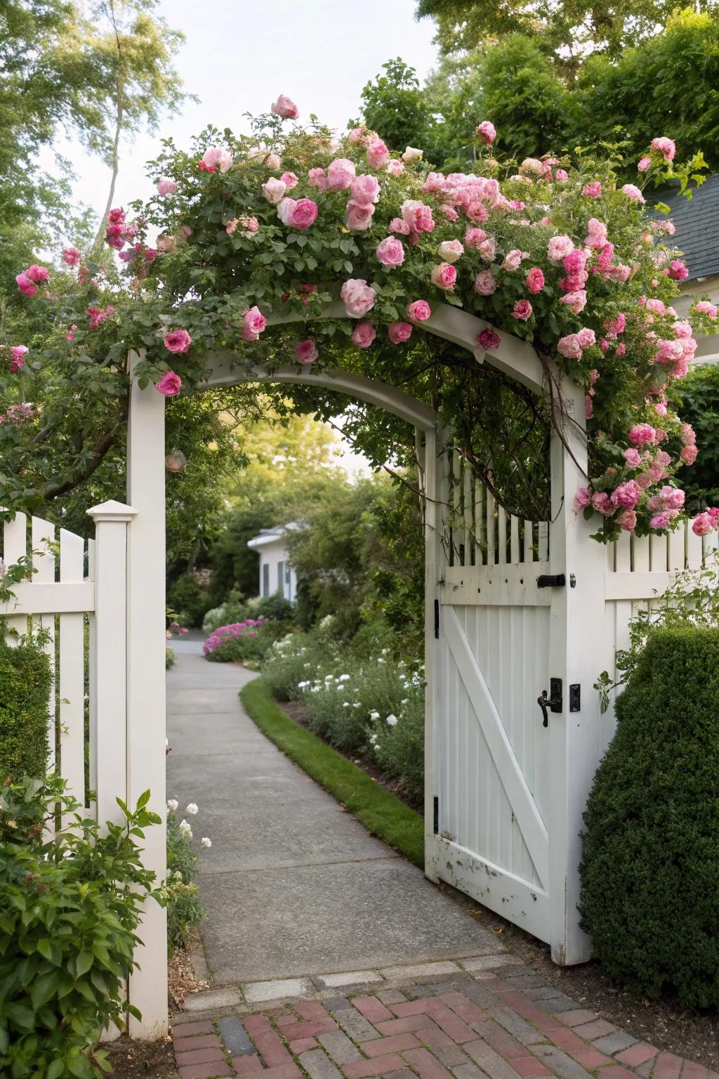 An inviting arbor positioned over the driveway gate introduces a touch of romance and charm.