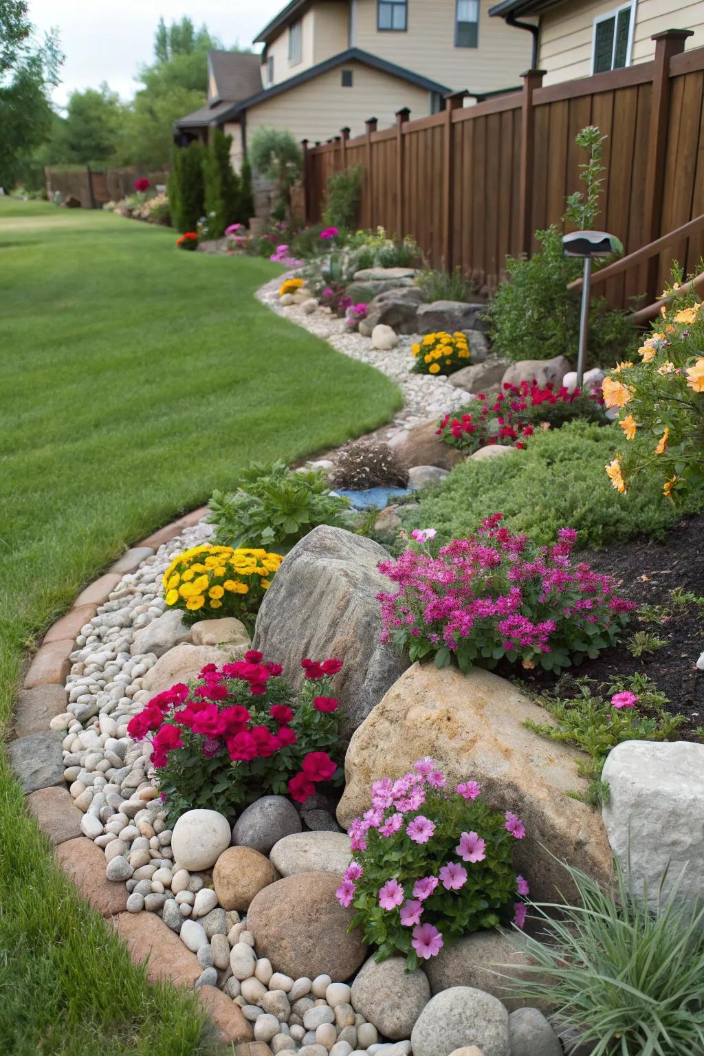 Hardscape elements bring both elegance and structure to the flower beds.