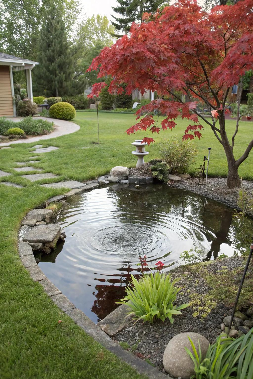 The tranquil beauty of the Japanese maple in this front yard is enhanced by a serene pond.