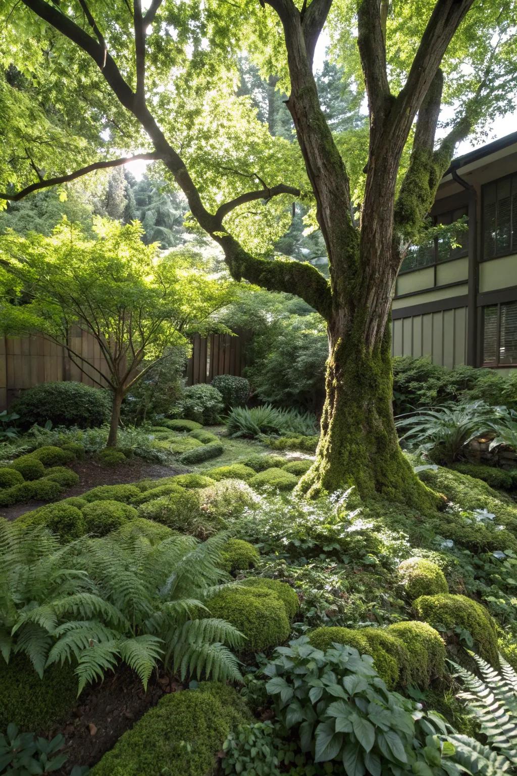 Ground cover plants offer an easy-care and lavish option for the landscaping encircling trees.