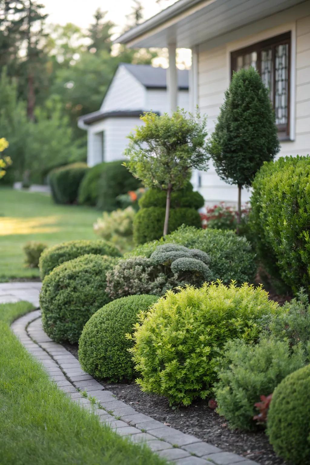 Layered shrubs enrich this front yard landscape with depth and allure.