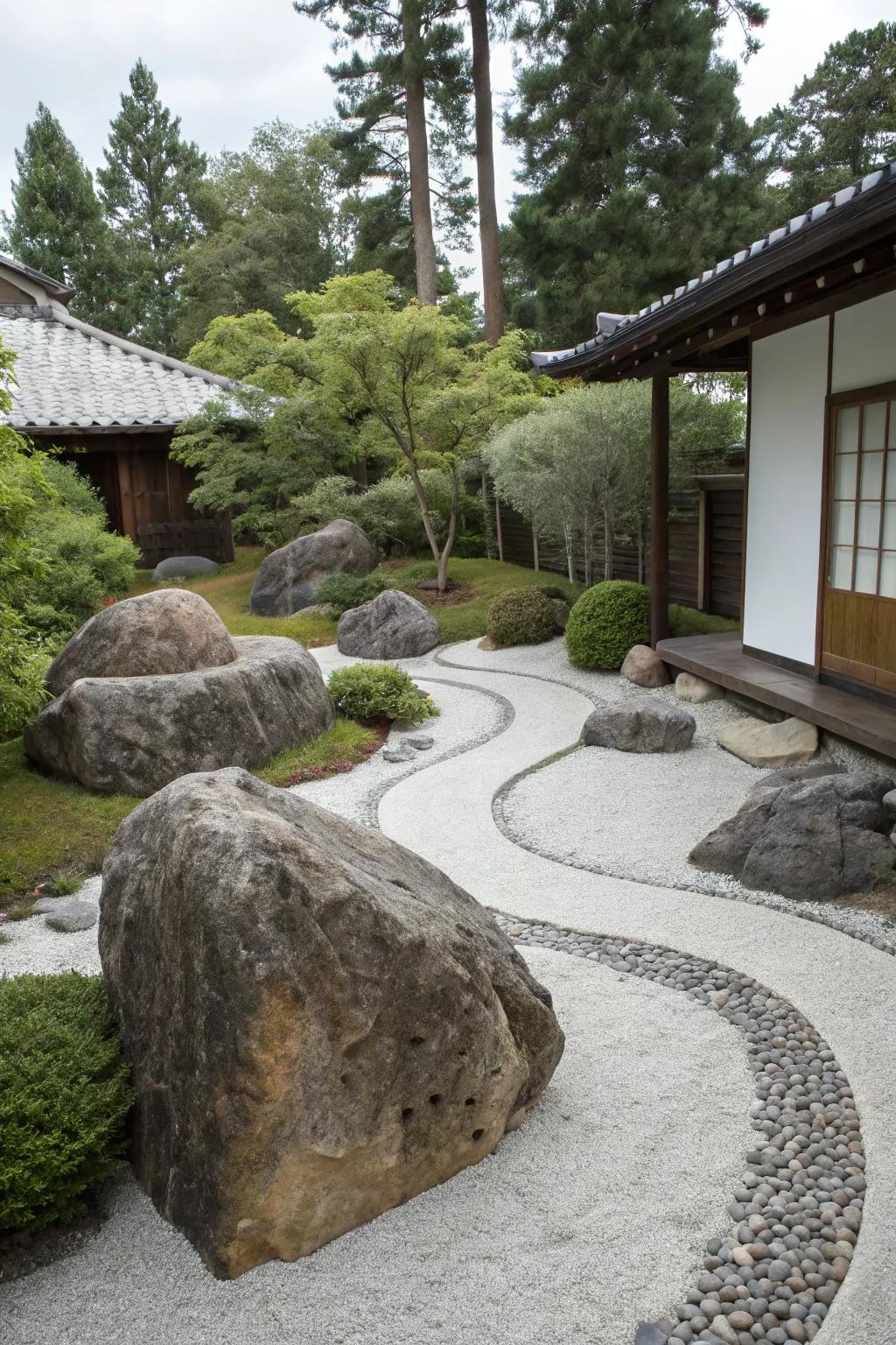 A minimalist, yet impactful front yard design featuring boulders.