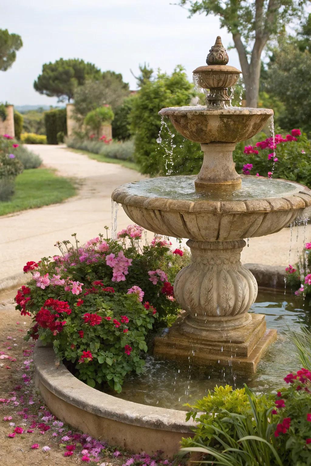 An attractive fountain introduces an element of peace to this garden inspired by the Mediterranean.