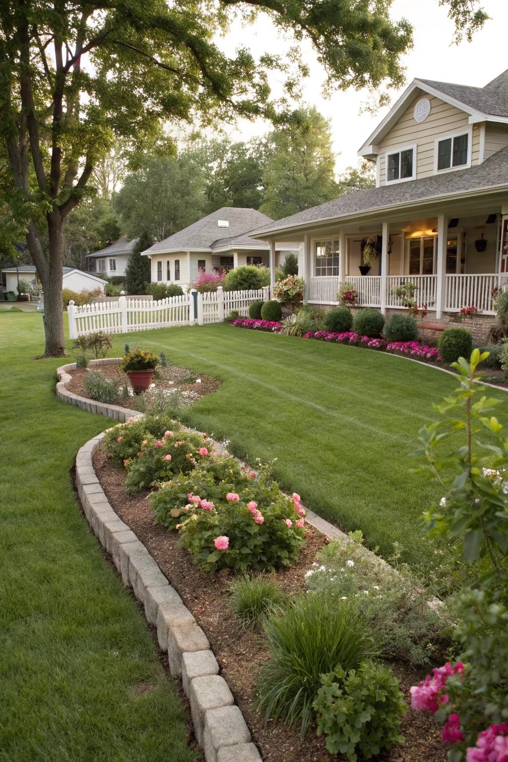 An ample lawn area creates a sense of openness in the front yard of a ranch-style home.
