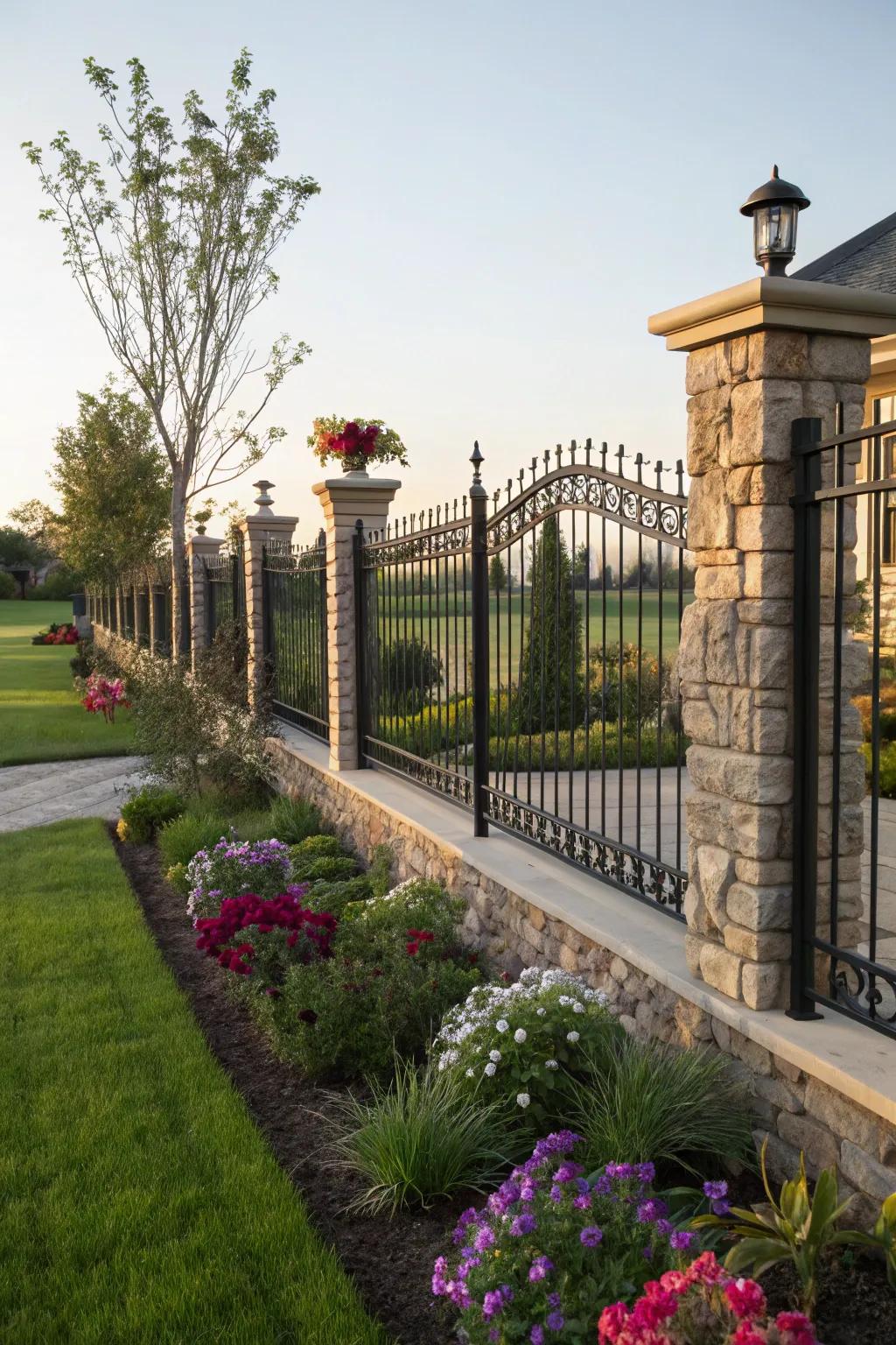 A metallic barrier paired with stone pillars for a classic look.