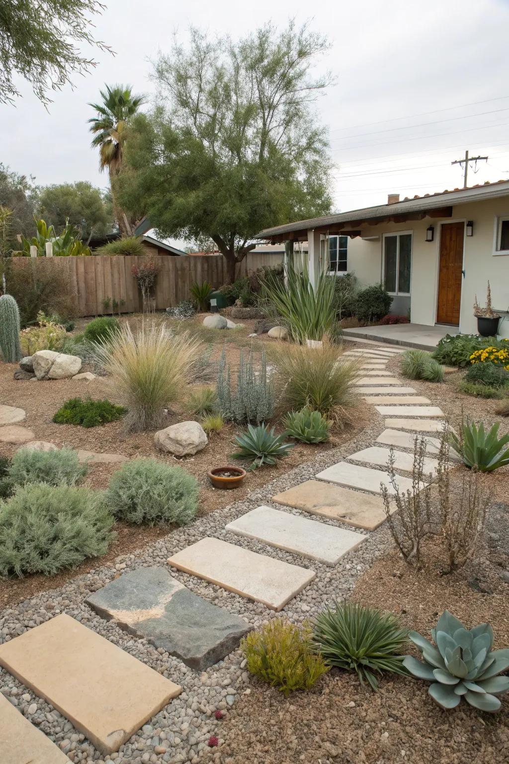 Clear paths adding structure and appeal to a xeriscaped garden.