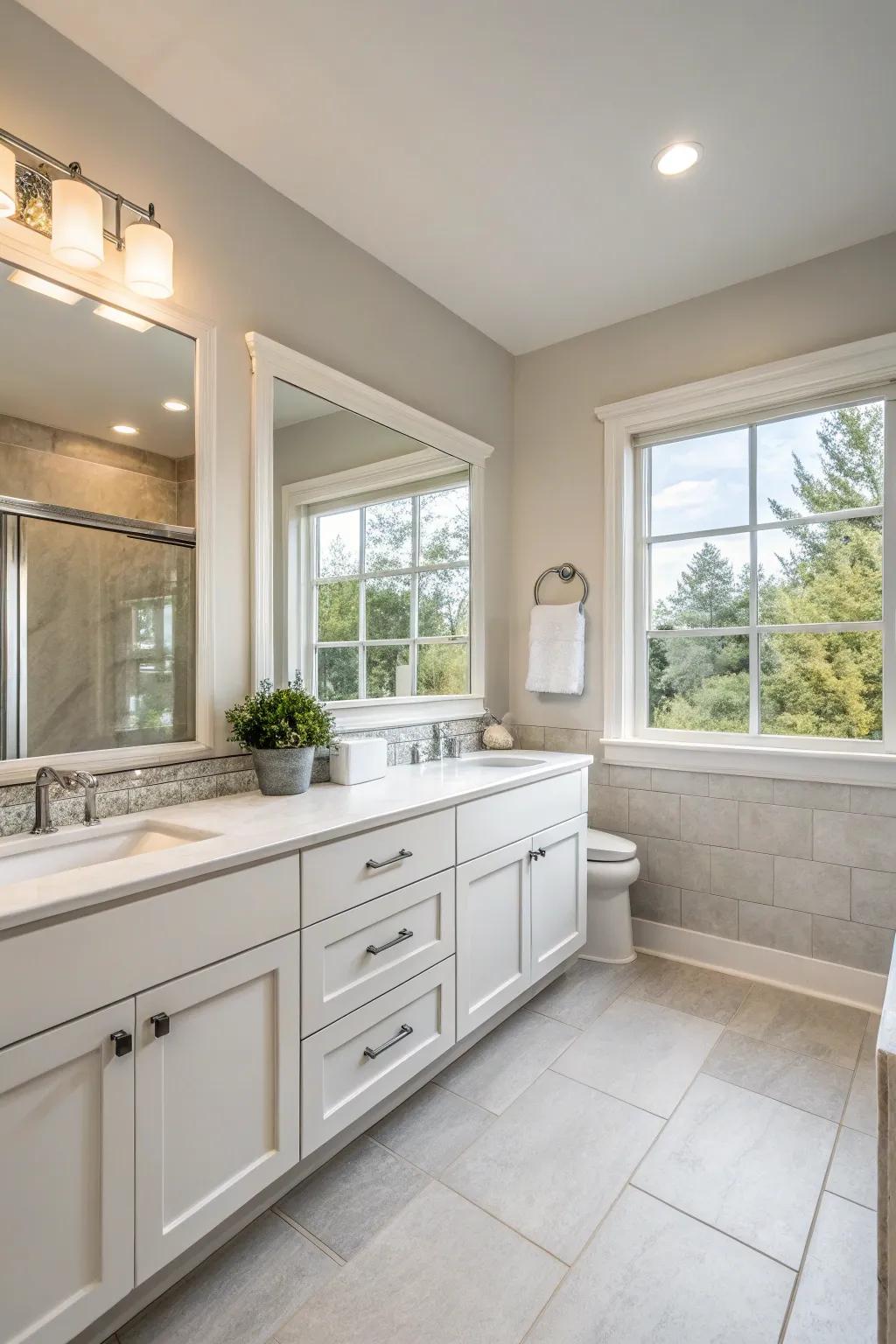 This serene bathroom uses a neutral palette for a calming ambiance.