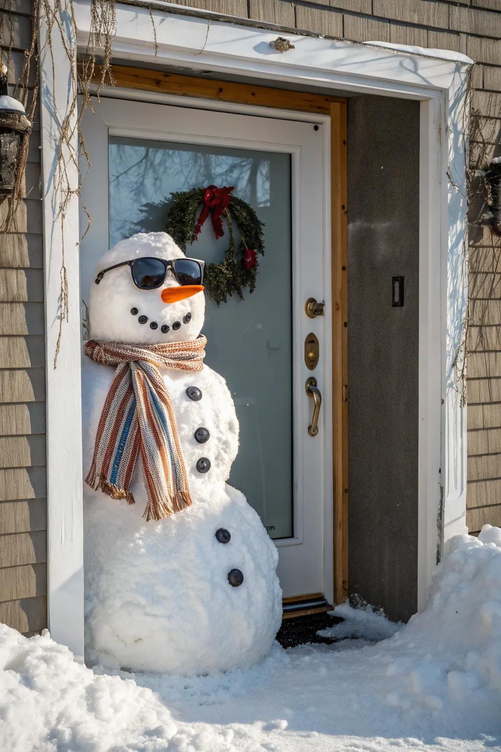 A snowman snapshot spot right on your door adds an element of fun and interaction to your Christmas decorations.