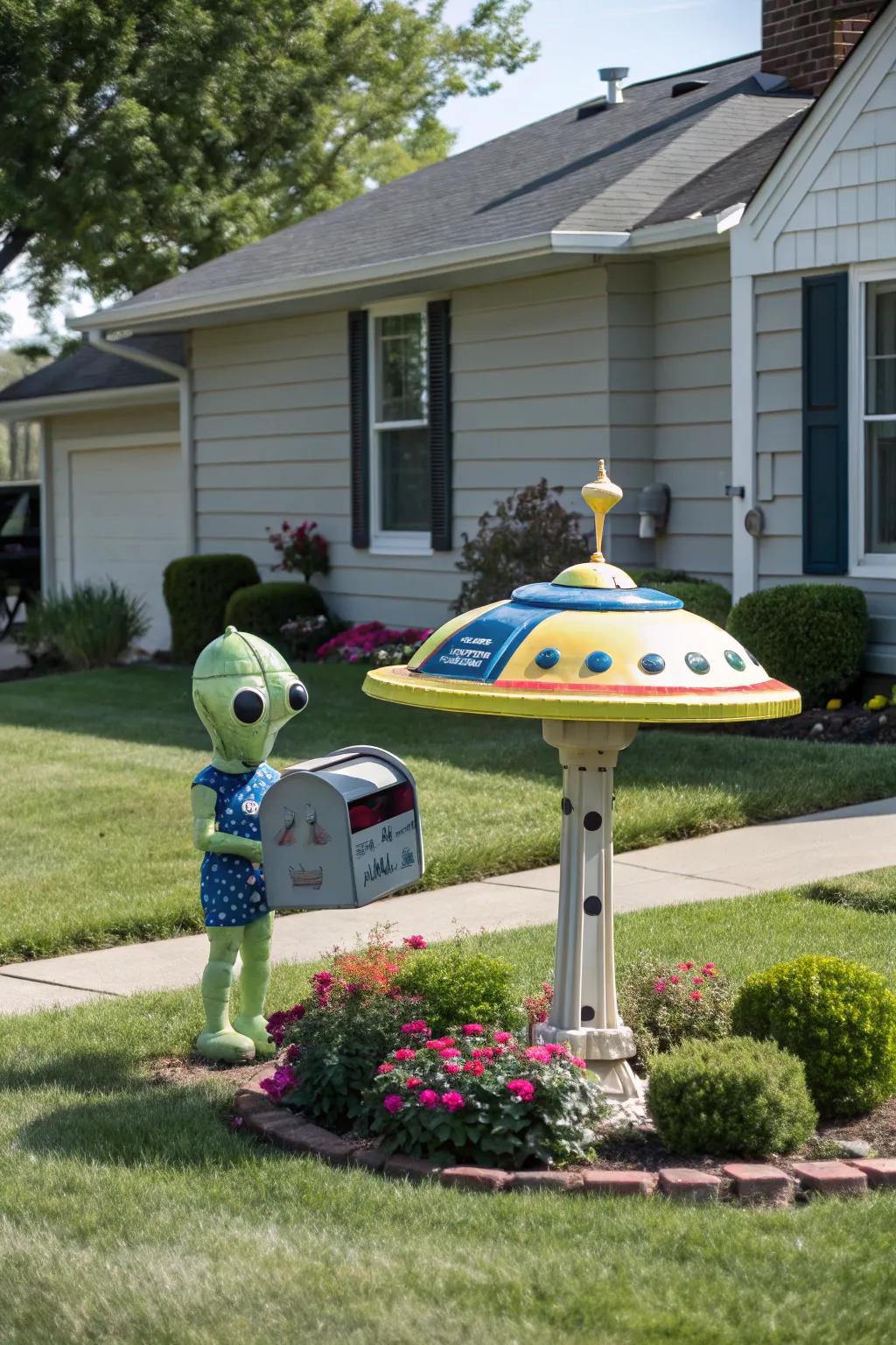 A starship mailbox primed for liftoff, featuring an alien co-pilot.
