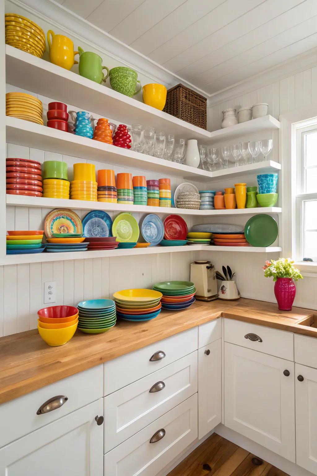 Open shelving provides charm and a feeling of spaciousness to your cooking area.