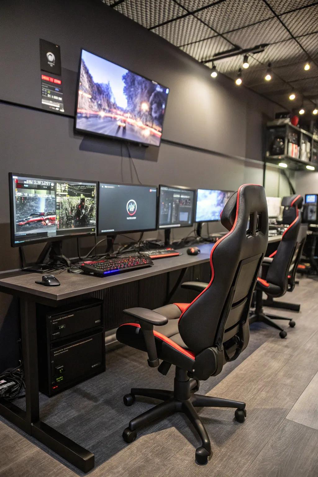 A multi-display configuration fashions a command-center ambiance for engrossing gameplay.
