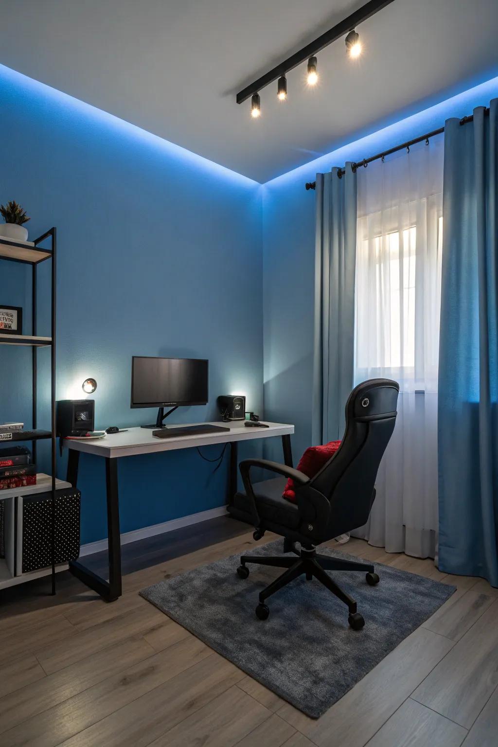 Azure shades craft a tranquil and centered gaming space.