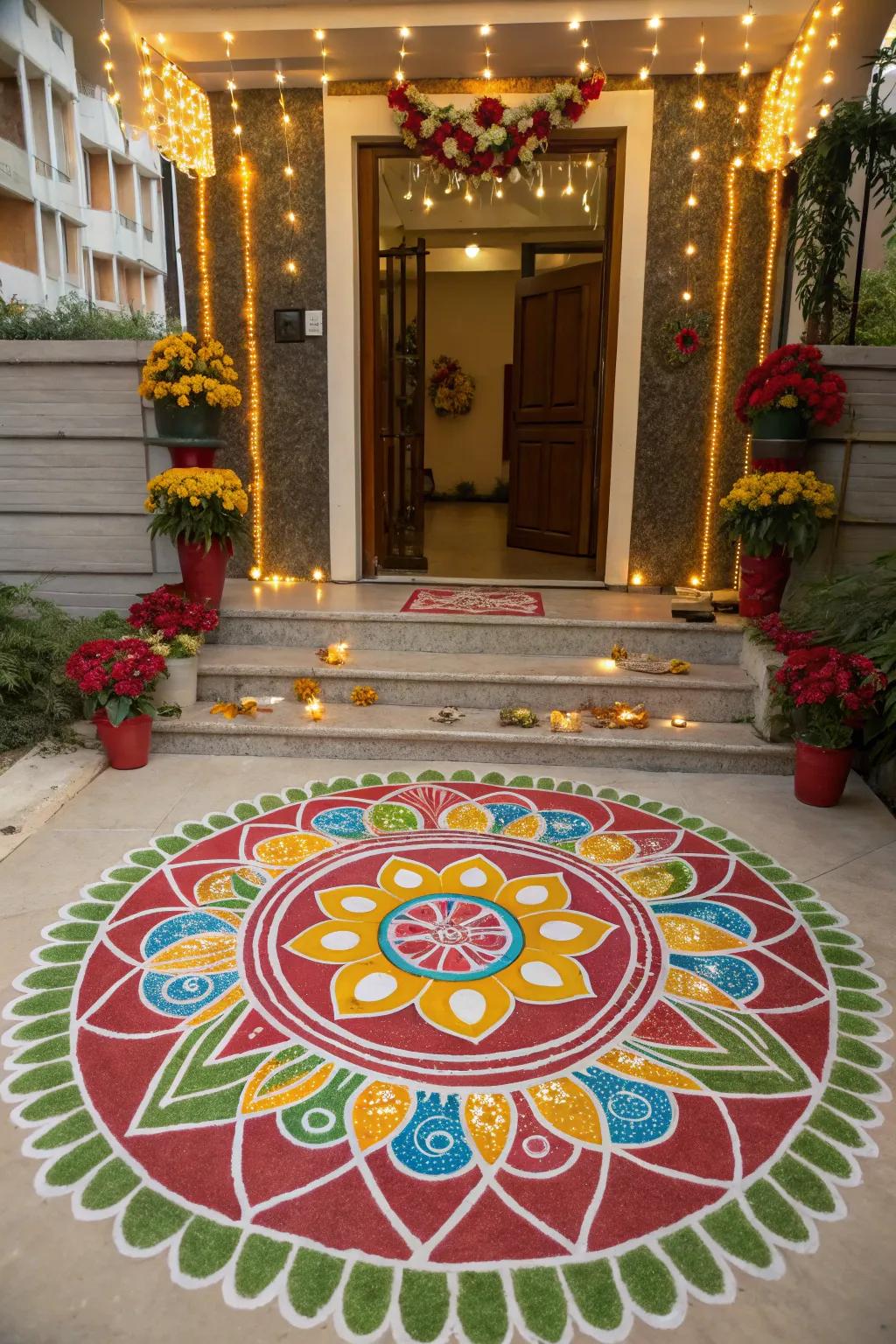 Vibrant floor art warmly greeting you into the festive home.