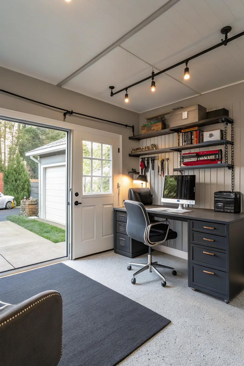 A garage that functions as a practical home office.