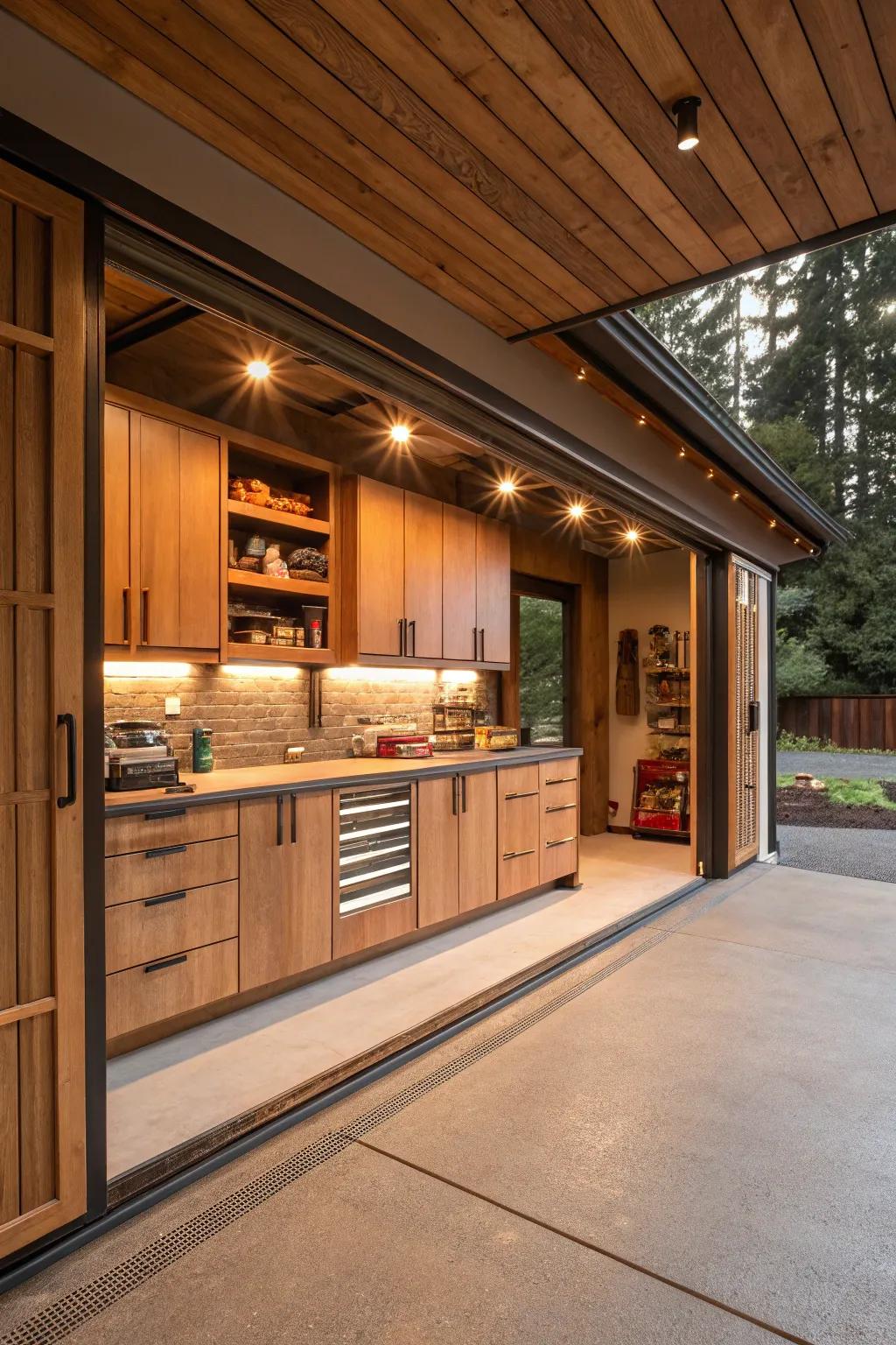 Natural hues infuse warmth and comfort into this garage space.