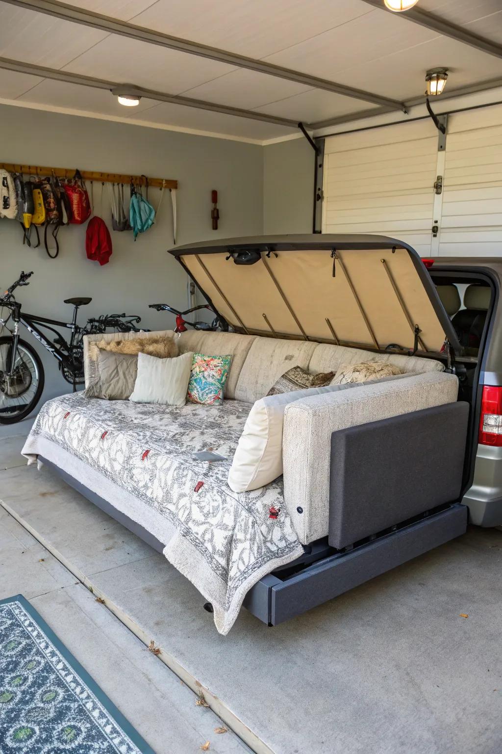 A multifunctional divan provides versatility, altering your garage into a multipurpose zone.
