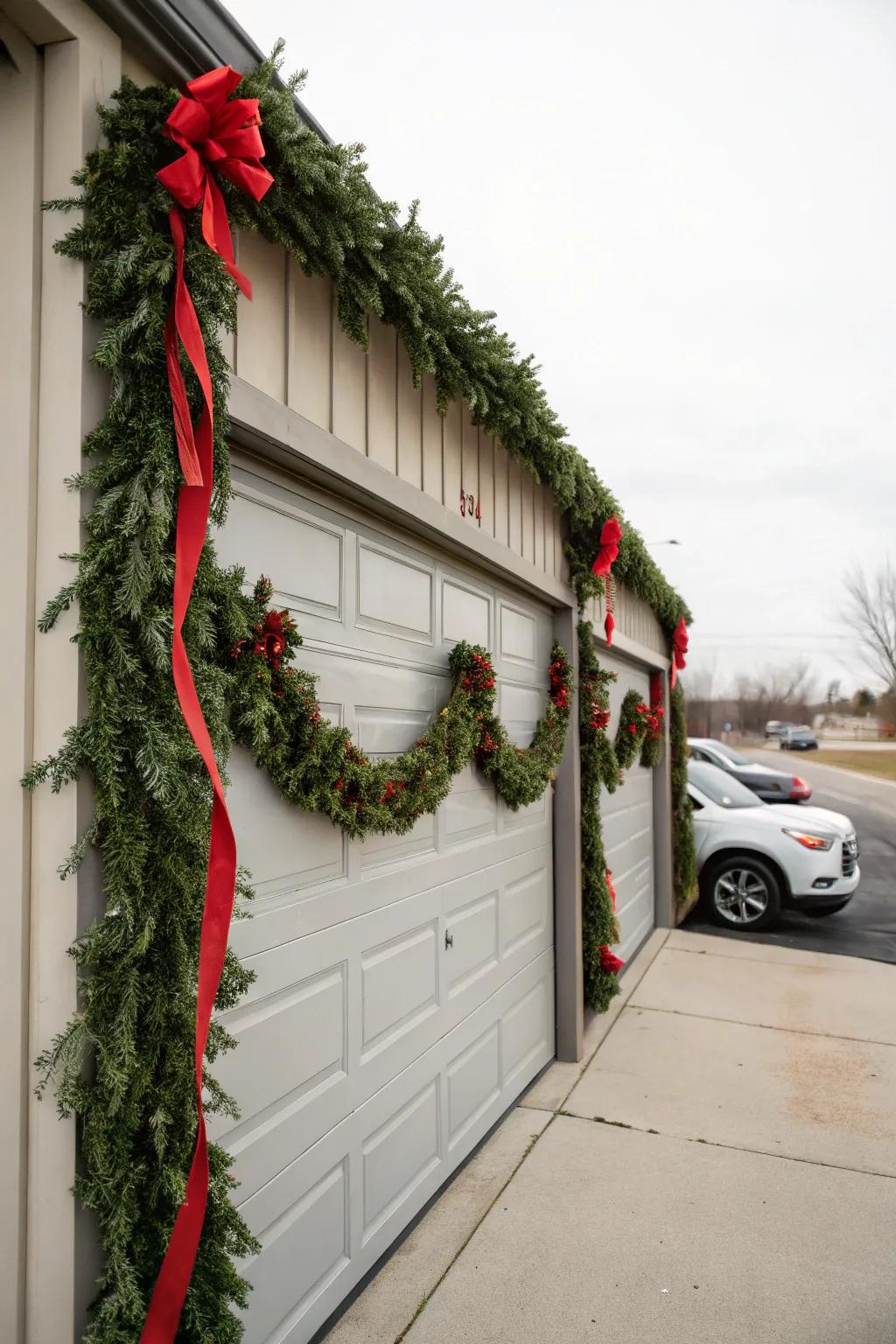 Garage door embellished with traditional vines and crimson ribbons.