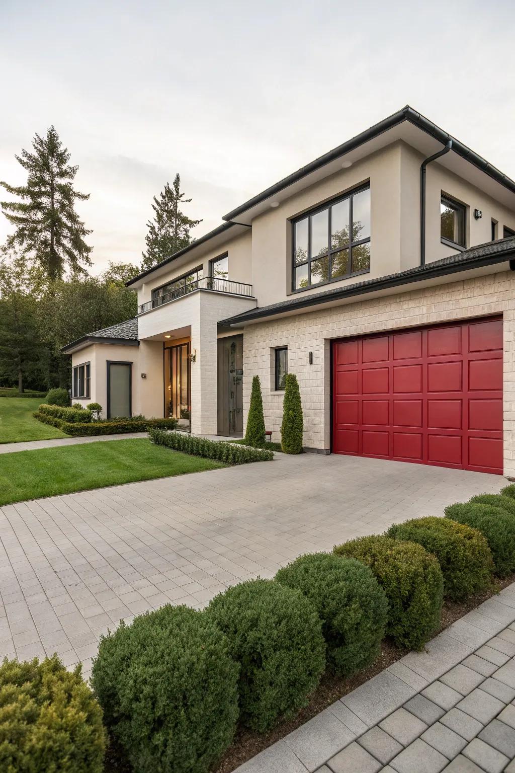 Striking crimson garage entrances establish a vibrant focal element for any residence.