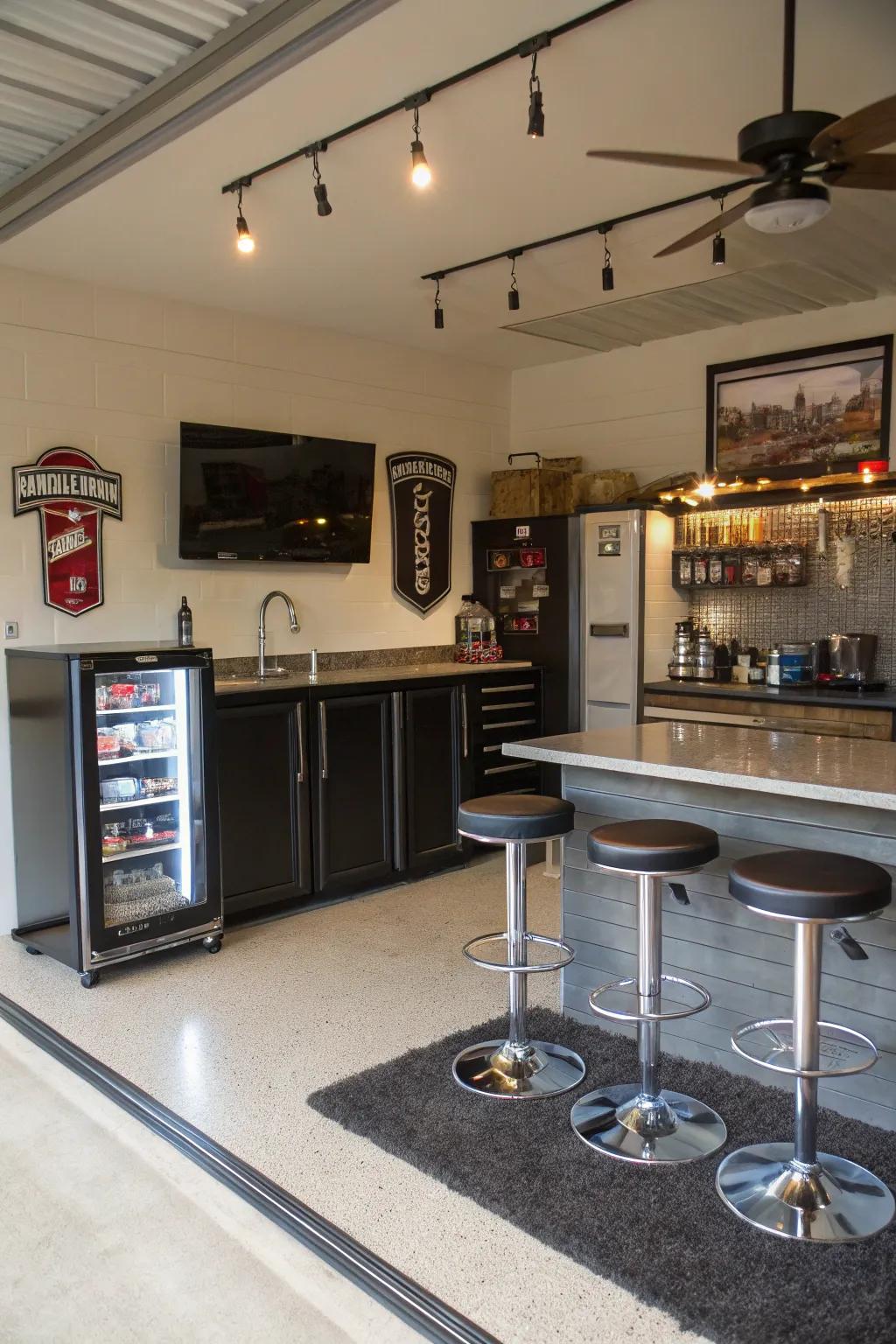 A refined and fashionable bar arrangement for your garage man cave.