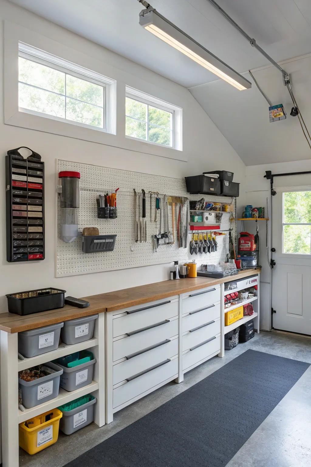 Smart storage keeps your garage office tidy and efficient.