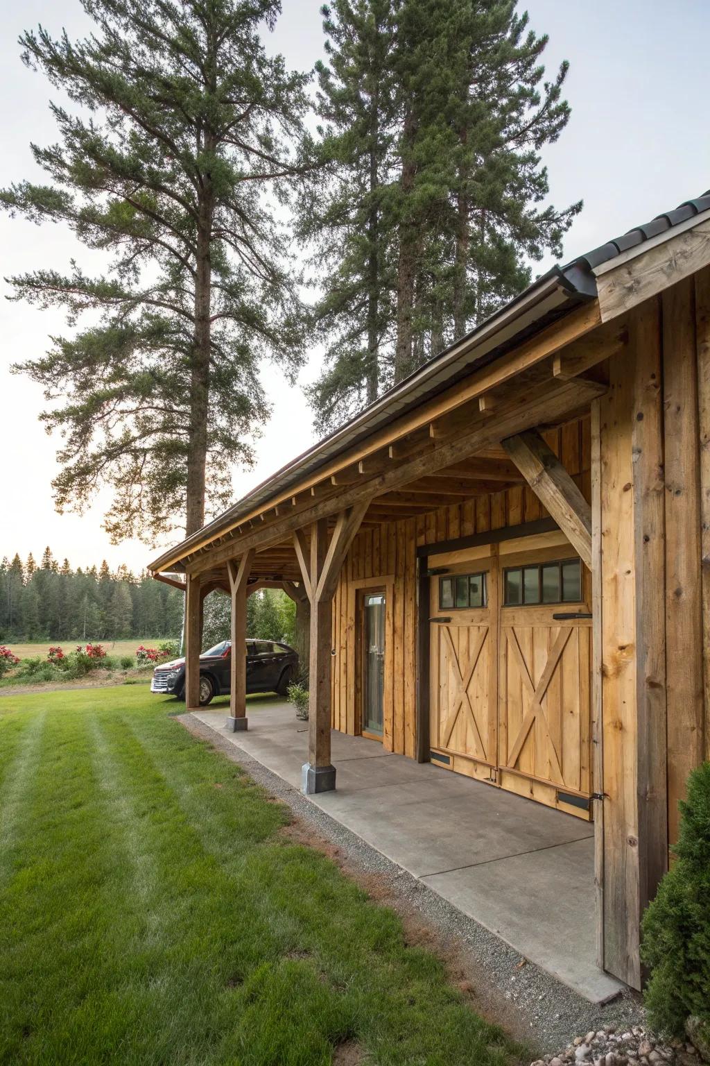 A country-style timber projection infuses allure and practicality to a garage.