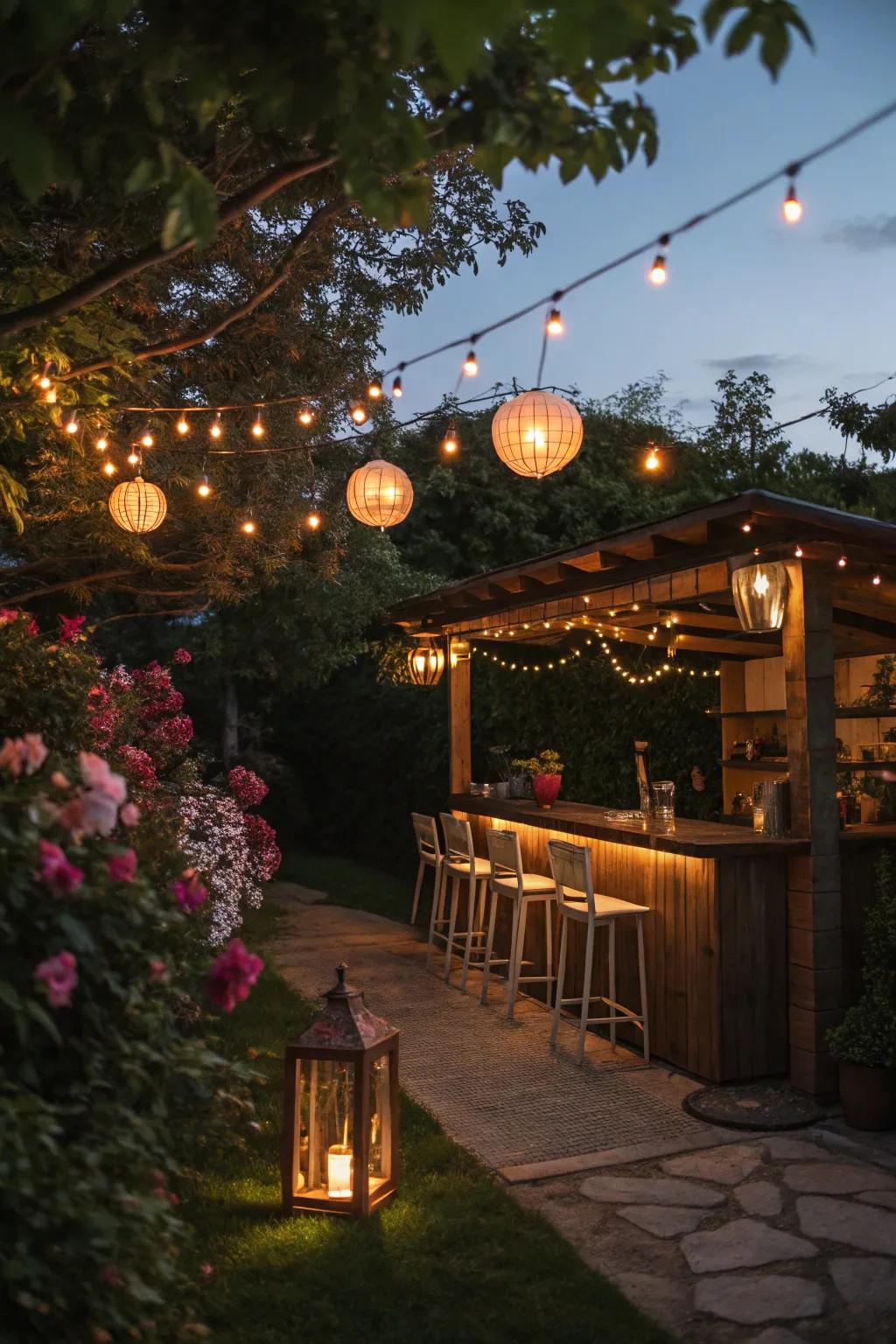 A garden bar radiating with atmospheric illumination.