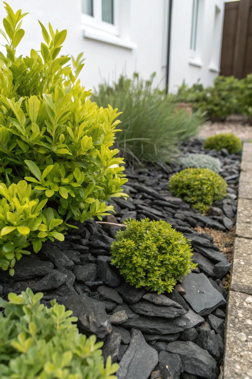 Accentuate your garden's greenery through contrasting stone fragments.