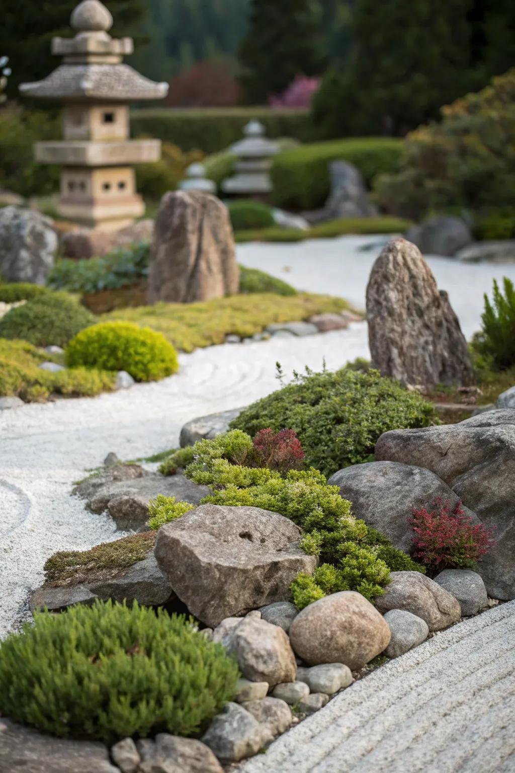 A rock garden with rocks of all sizes, dotted with vibrant vegetation.