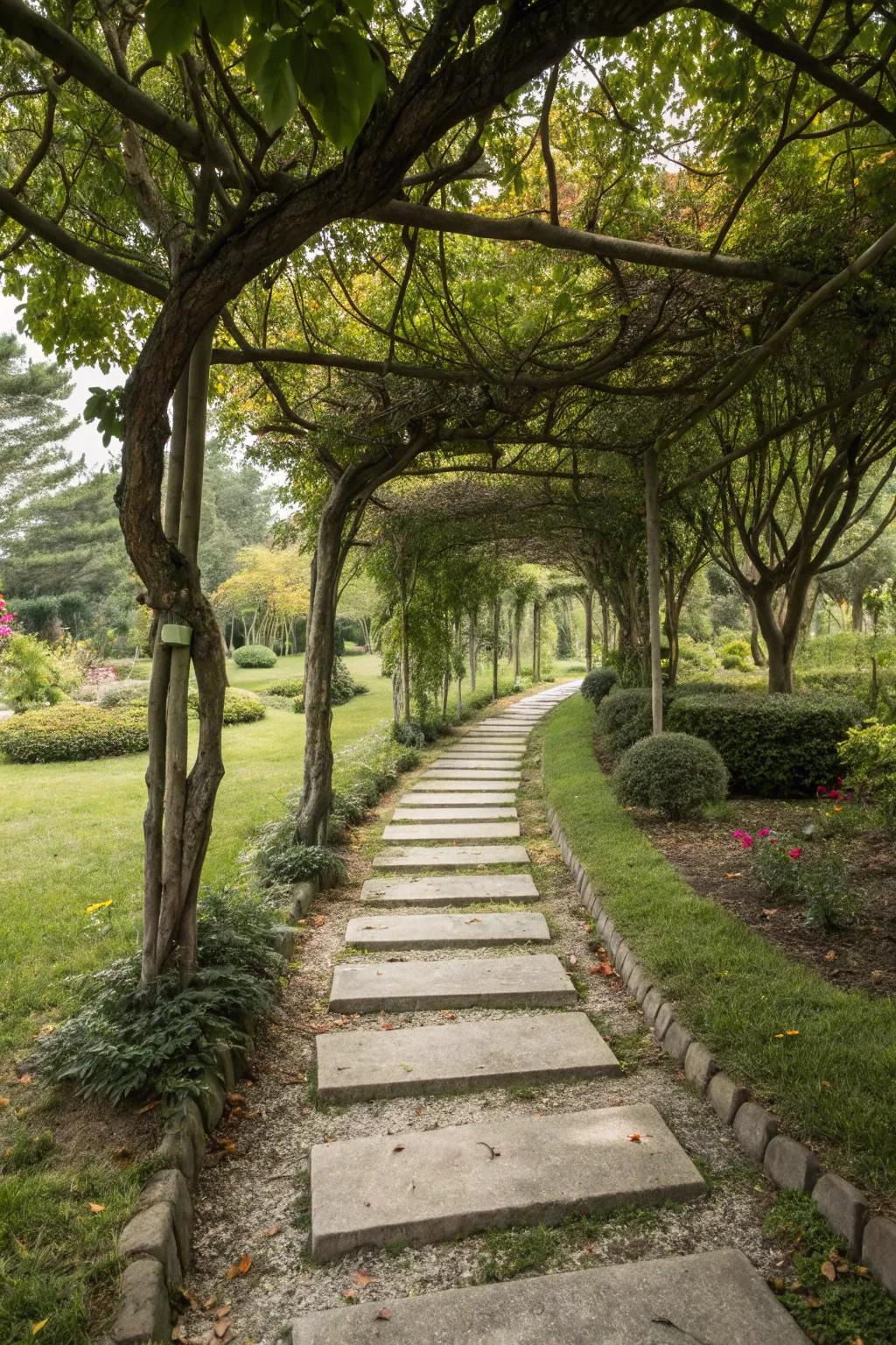 A scenic walkway featuring both trees and stepping stones.