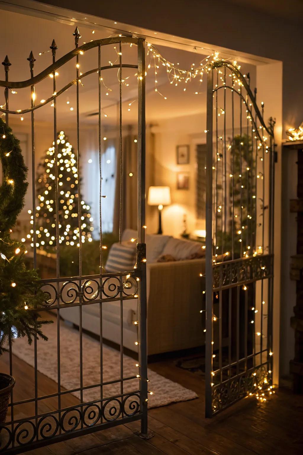 A gate beautifully lit up for the night.