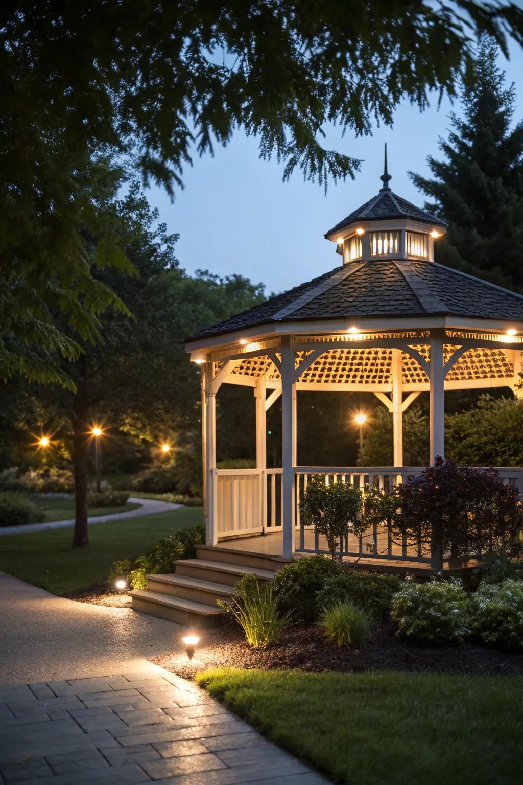 LED beams accentuate the gazebo's structure.