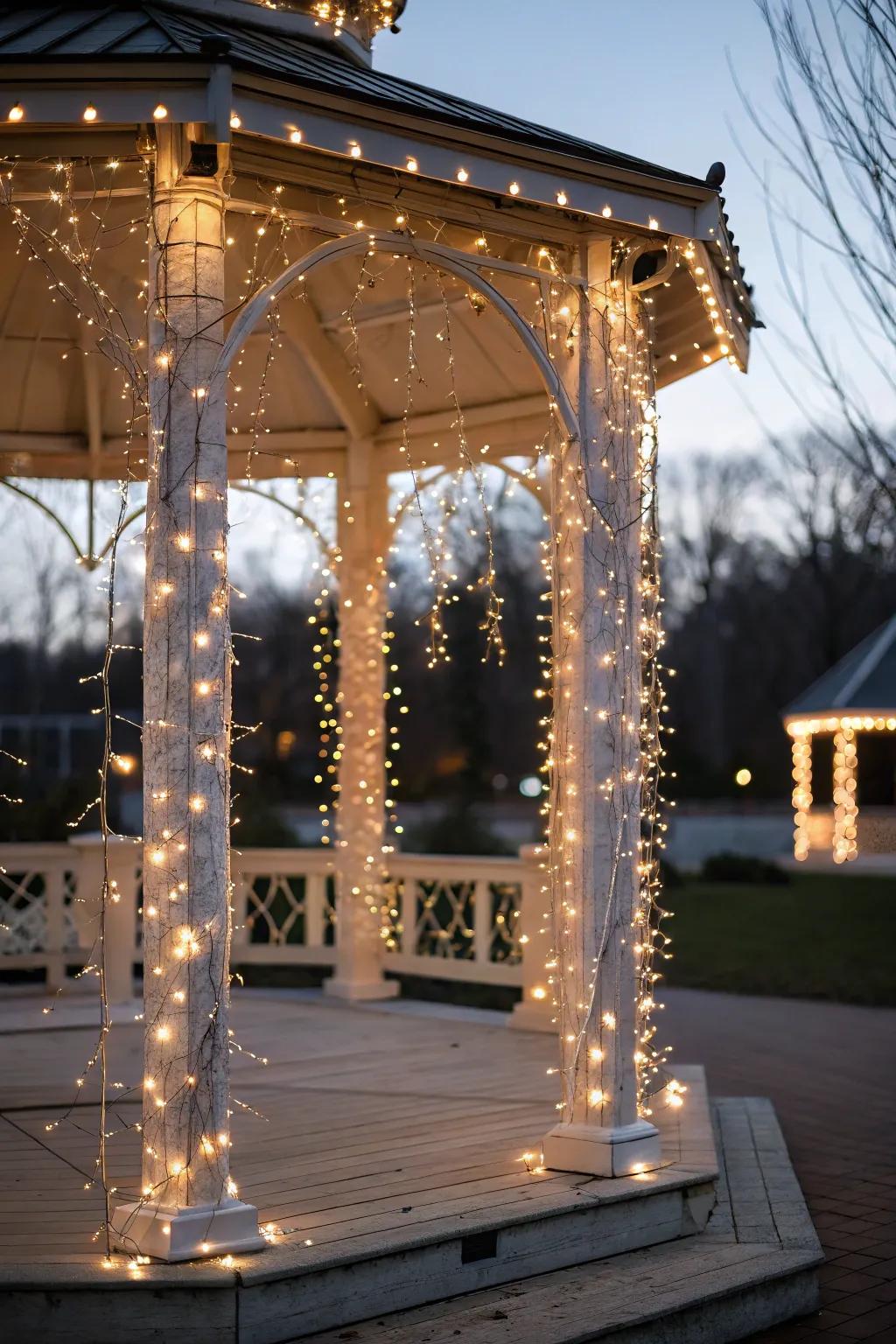 Fairy lights covered around gazebo columns include a touch of whimsy.