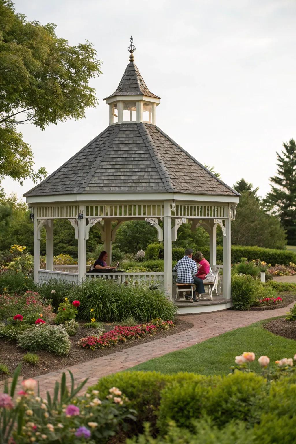 A classic gable-roofed gazebo ready for family gatherings.