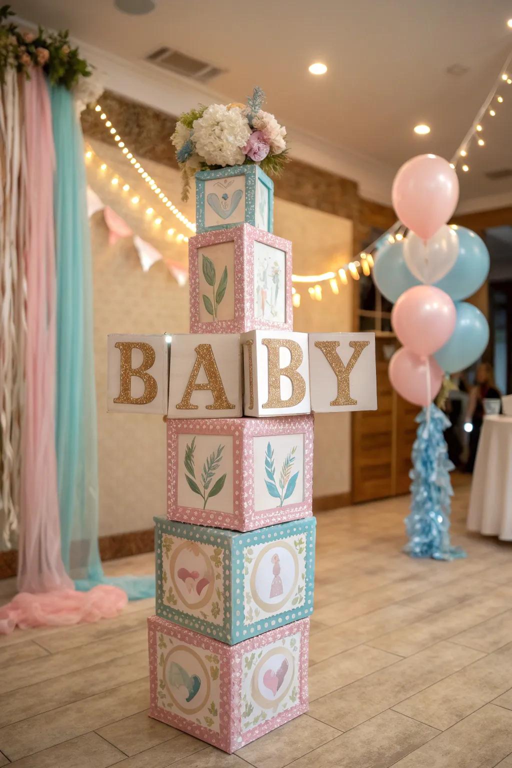 Decorative cubes contribute a playful and sweet component to any gender reveal celebration.