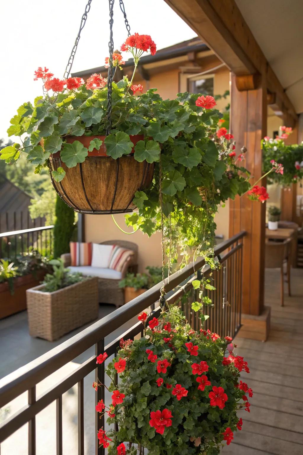 A suspended basket bursting with cascading creeping sunbeam blooms on a sunlit balcony.