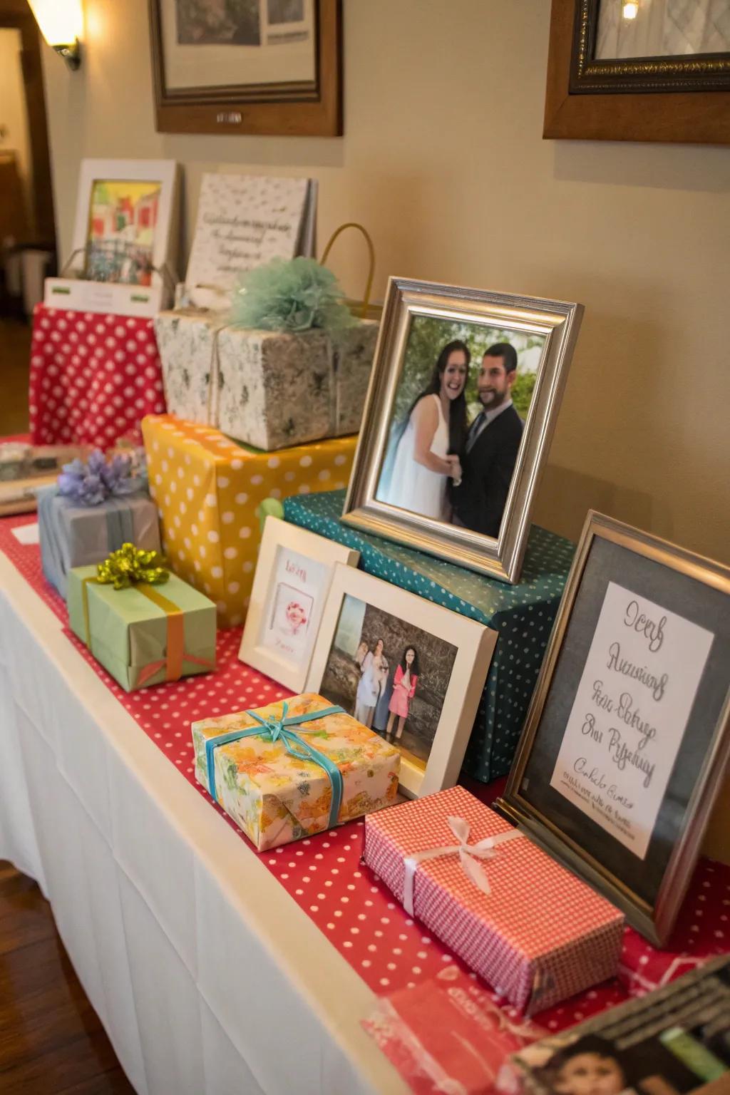 Customize your gift table using treasured memories and keepsakes.