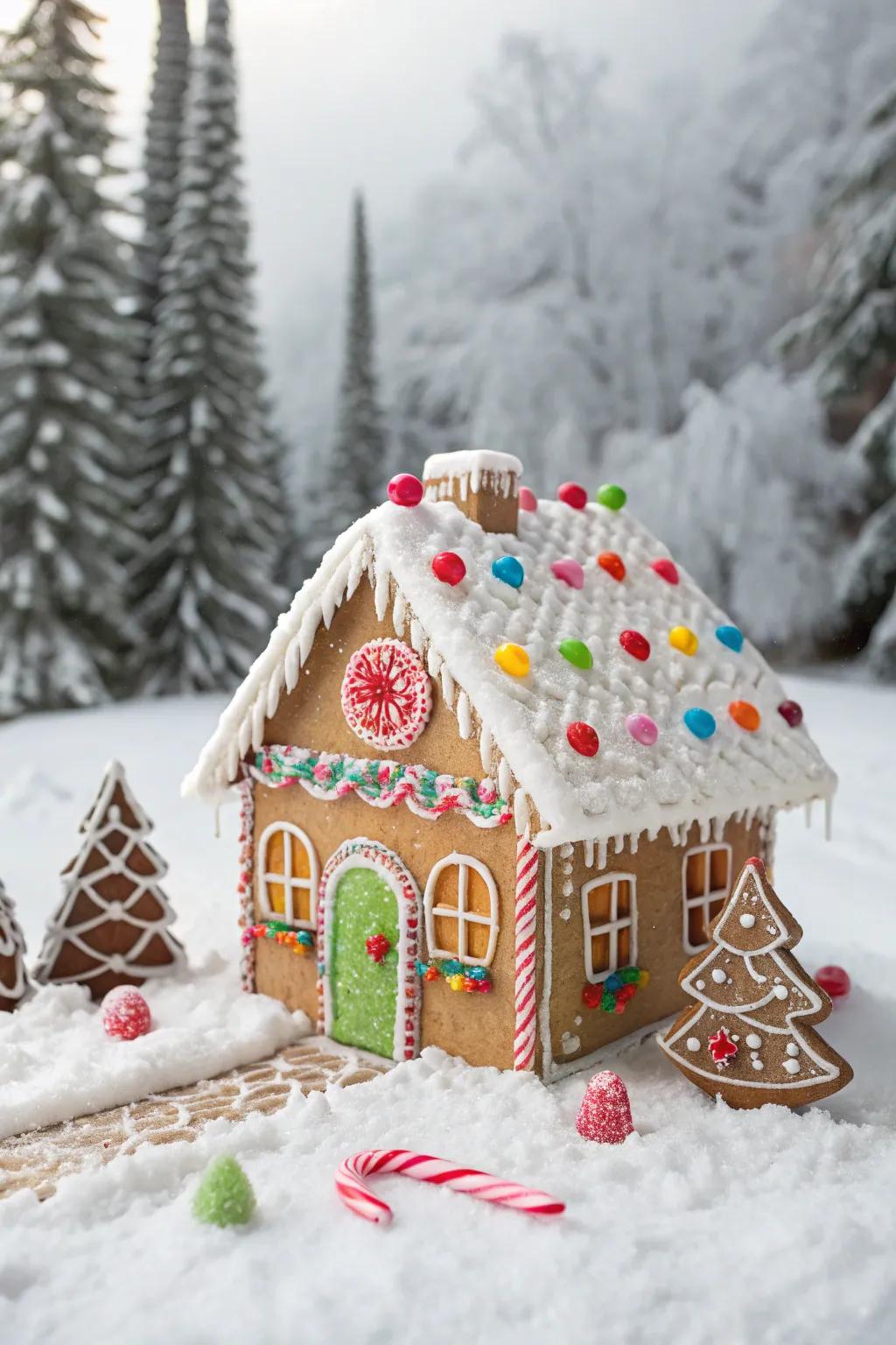 A sweetbread cottage exhibiting radiant confection apertures and portals.
