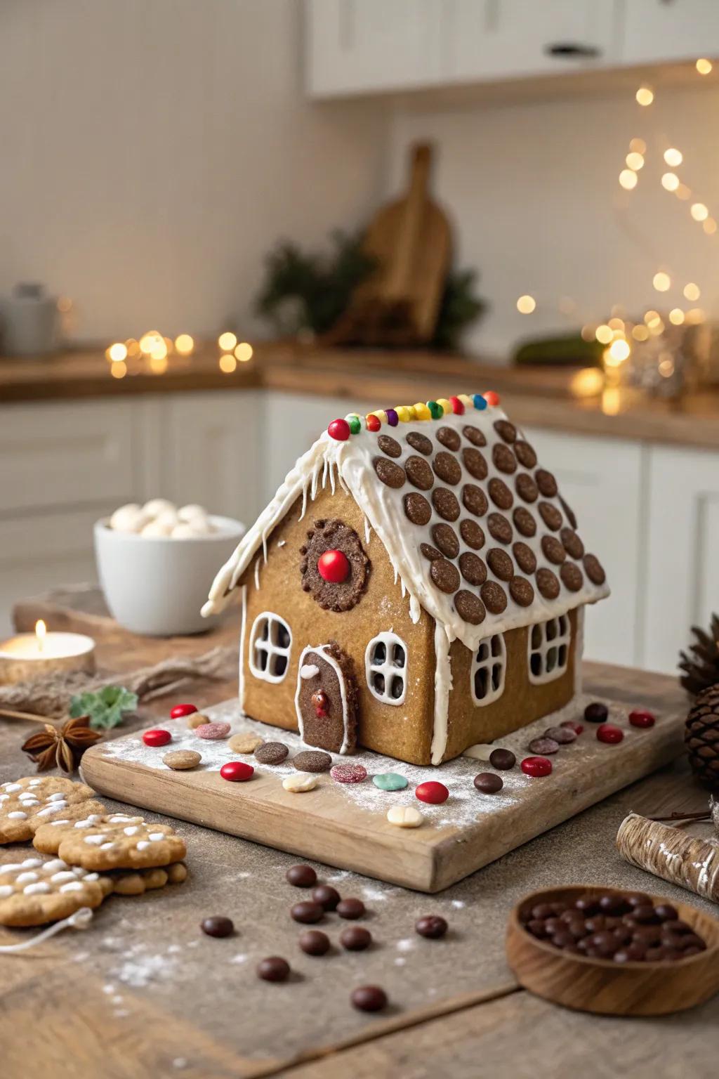 A gingerbread rooftop tiled with fudge discs.