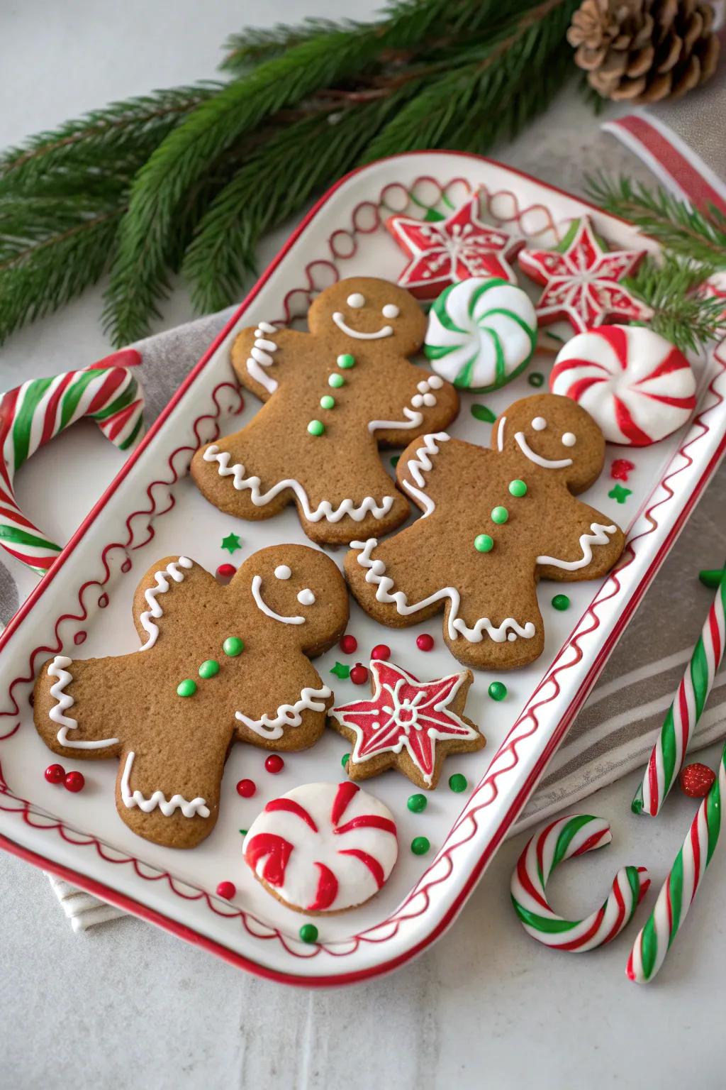 Gingerbread men adorned with candy cane accents for a minty twist.