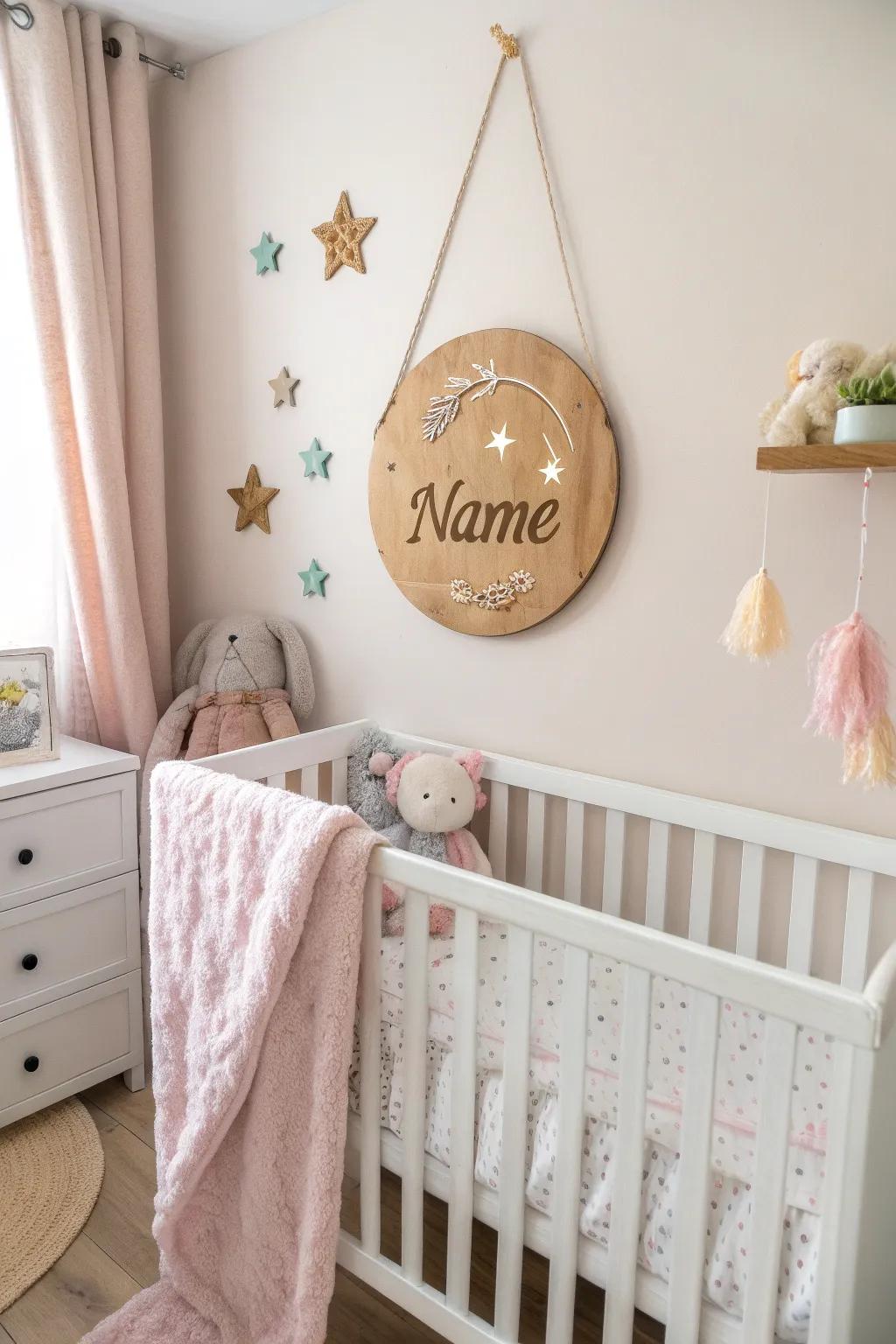 A personalized name sign lends a special touch to the nursery.