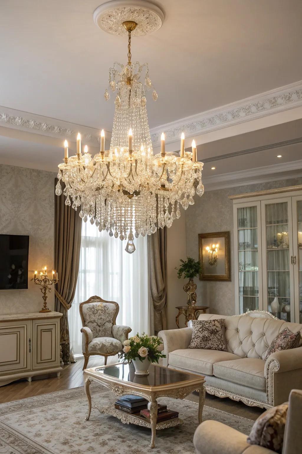 A graceful living room illuminated by a delicate pendant.