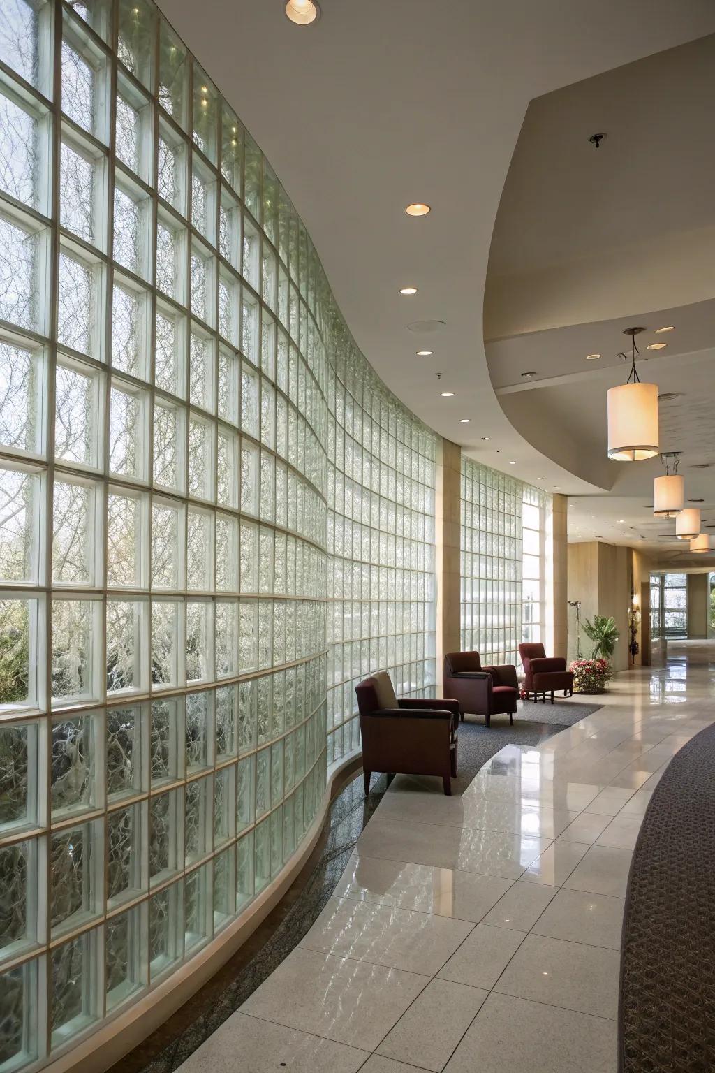 An interior space featuring a curved glass block wall, adding elegance and architectural interest.