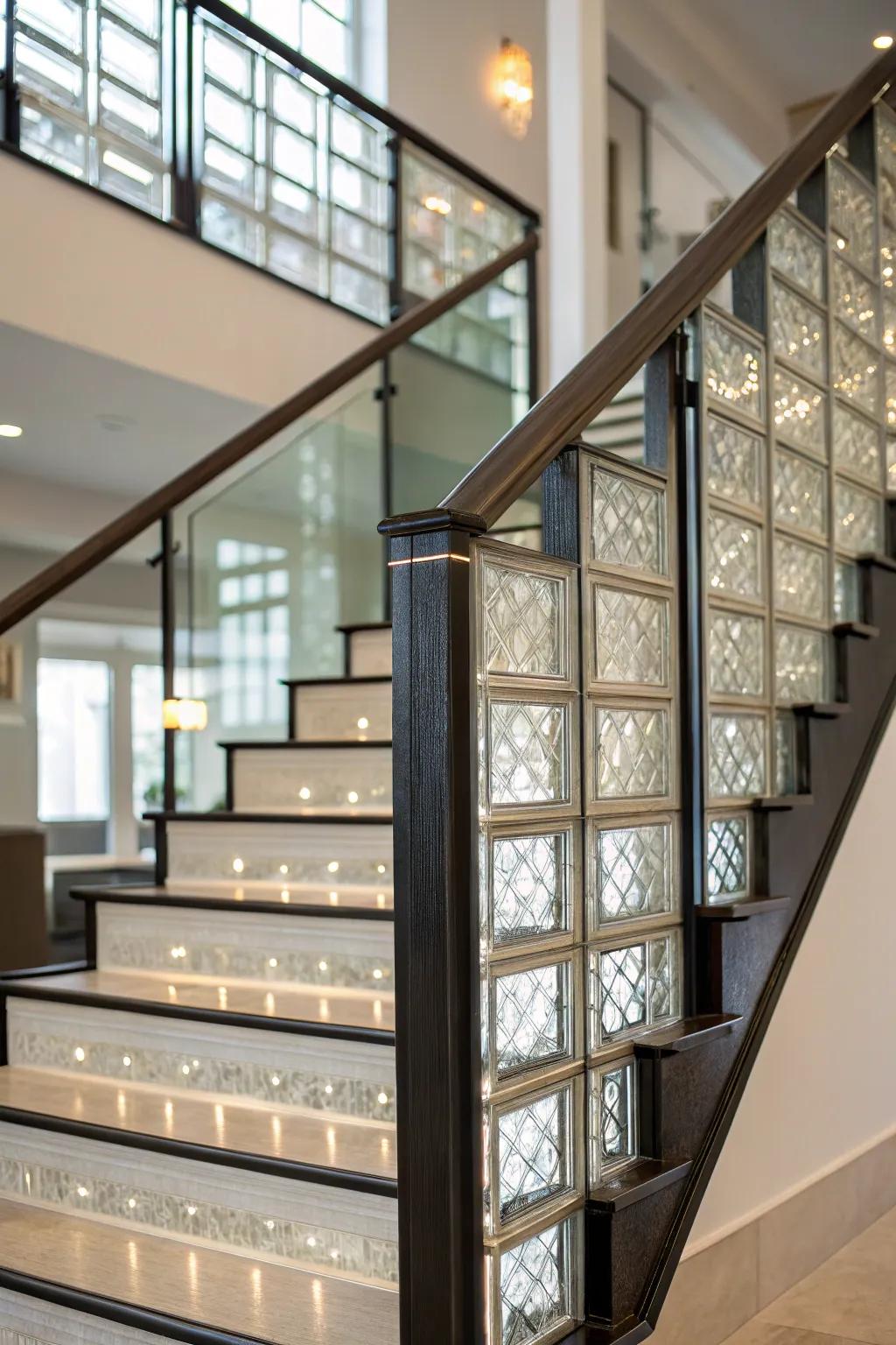 A stairwell elevated by fashionable glass tile embellishments.