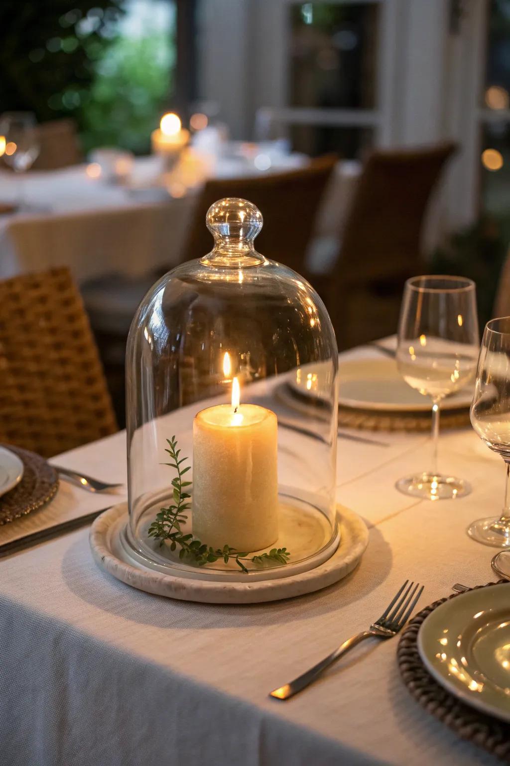 A light source underneath a glass protector contributes a radiant glow to a dining setting.