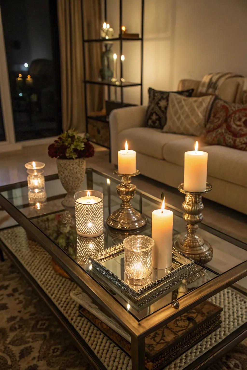 With candles, a glass coffee table becomes a haven of warmth and welcome.