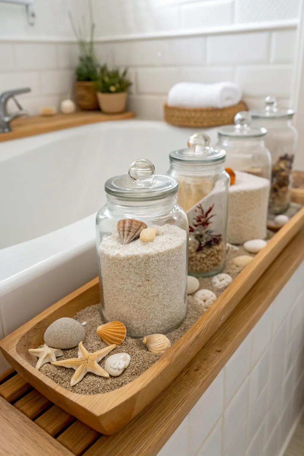 Shoreline-themed containers evoke a sensation of serenity and seaside allure.