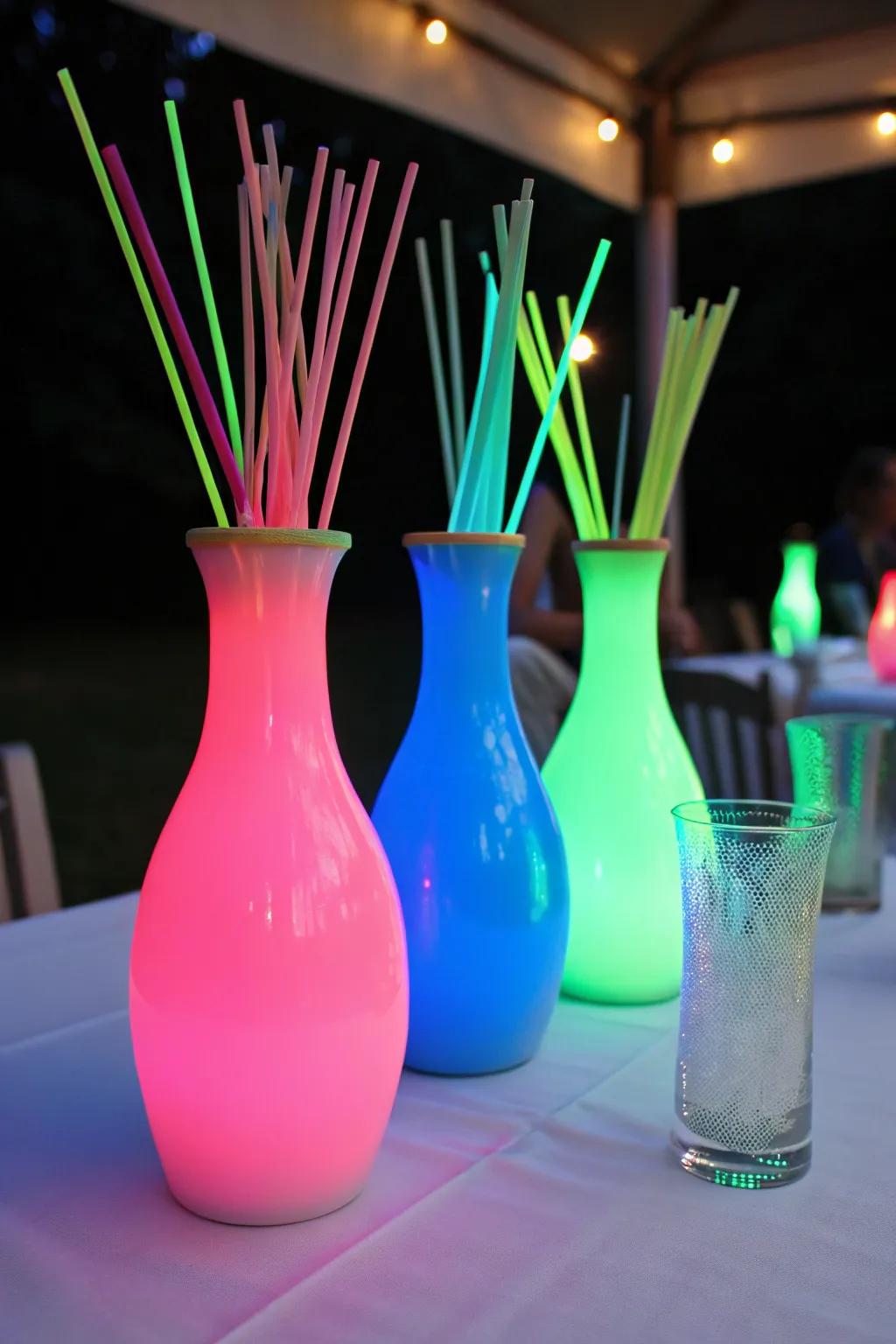 Craft vibrant centerpieces with neon paint and glow sticks.