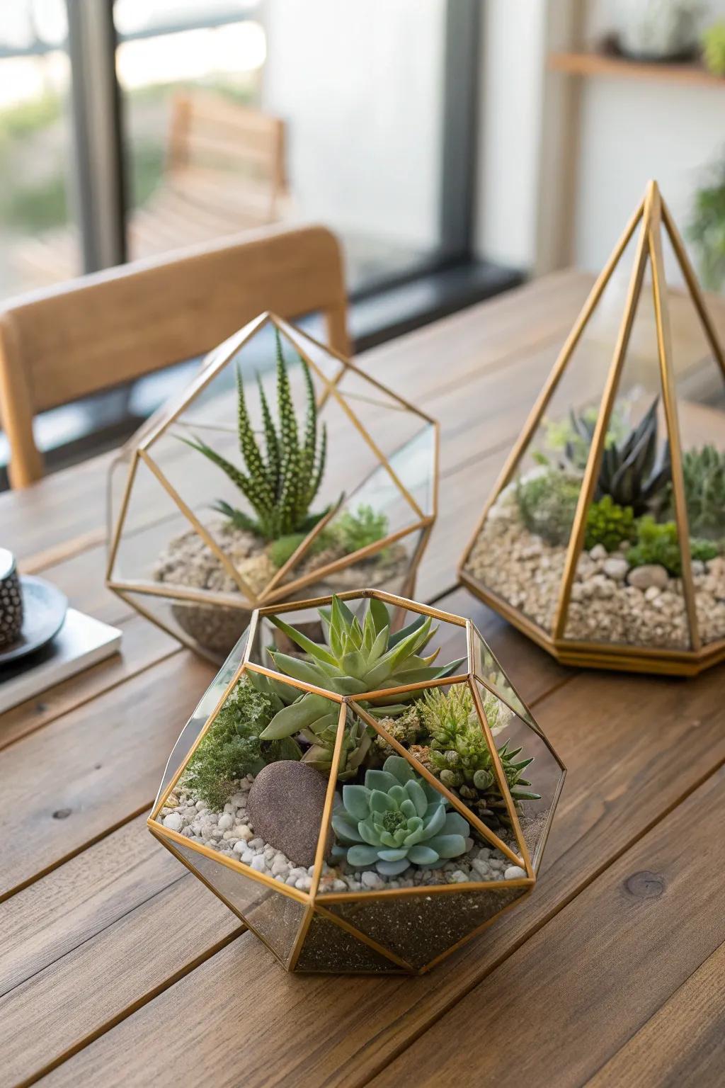 Fashionable and effortless gold terrarium centerpieces.