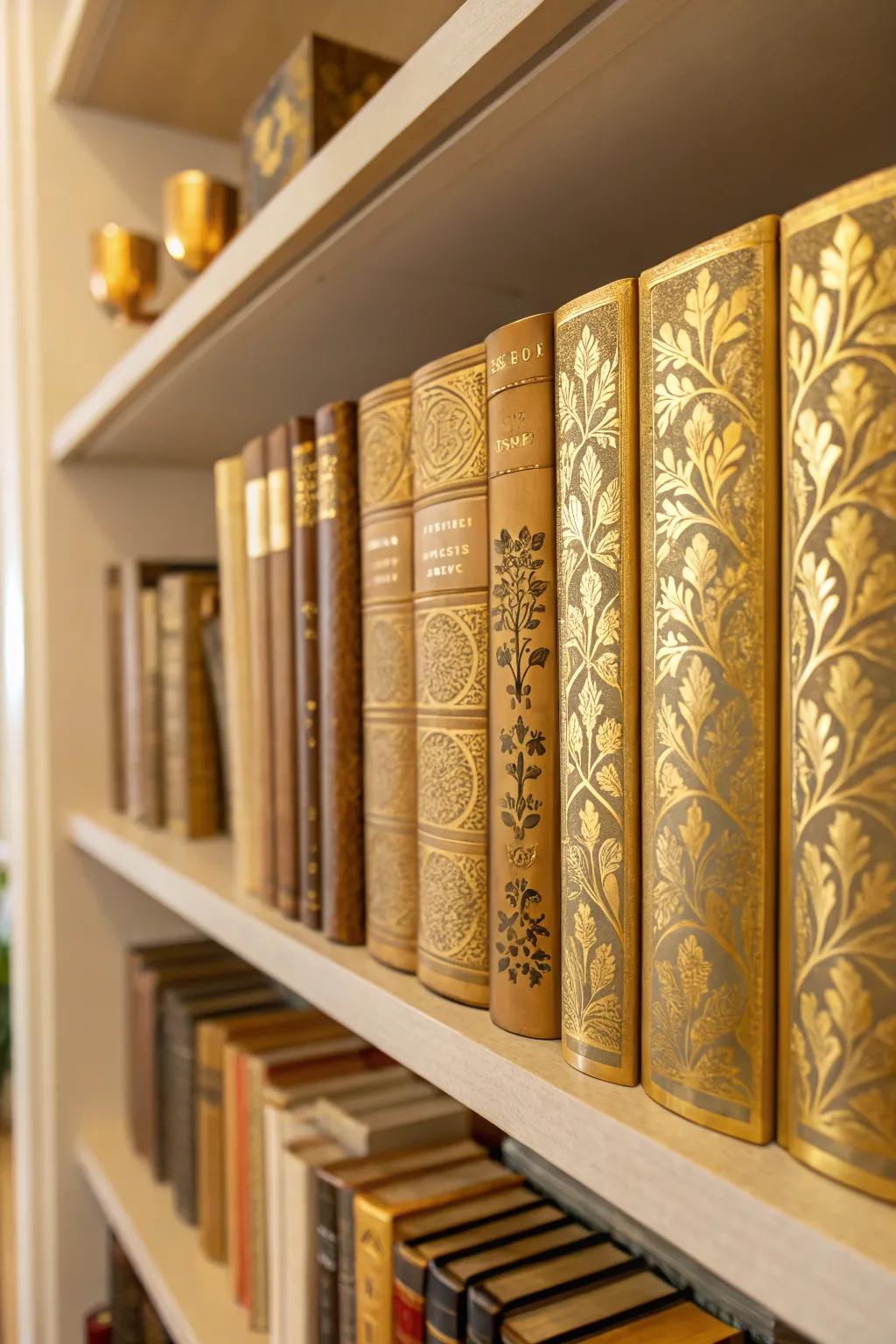 Bestow upon your books a sumptuous transformation with <strong><em>gold leaf</em></strong>.” loading=”lazy” class=”pimg”>
	</picture><figcaption>Bestow upon your books a sumptuous transformation with <strong><em>gold leaf</em></strong>.</figcaption></figure>
<p>Elevate your bookshelf’s appeal by applying <strong><em>gold leaf</em></strong> to the spines of your books. This delicate augmentation metamorphoses ordinary spines into captivating ornamental features.</p>
<h3>A few things you might like:</h3>
<ul class=