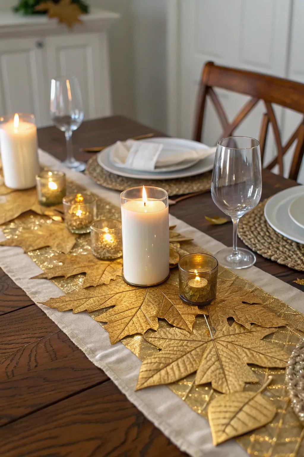 An enchanting gold leaf table runner adorned with glowing candles.